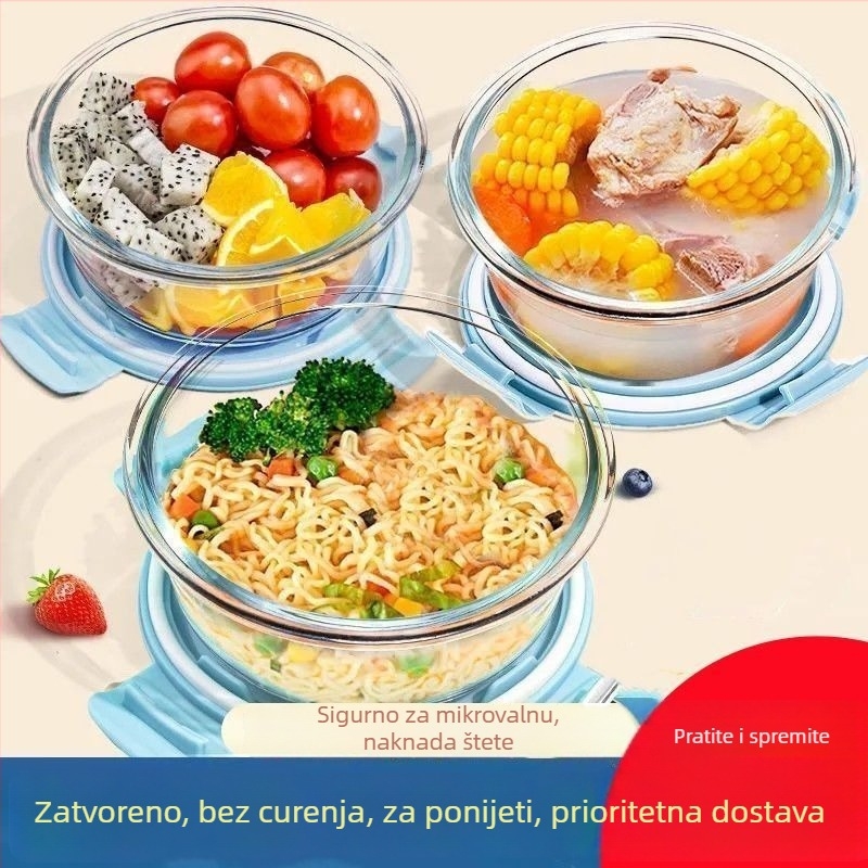 Staklena kutija za ručak od borosilikatnog stakla, otporna na toplinu, nepravilnog oblika, kapacitet ispod 300 ml, mikrovalna kompatibilna.