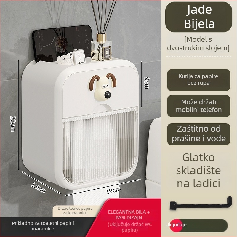 Zidna kutija za papirnate maramice za kupaonicu — vodootporna, bez bušenja, PP materijal, za rolu papira, kreativan spremnik