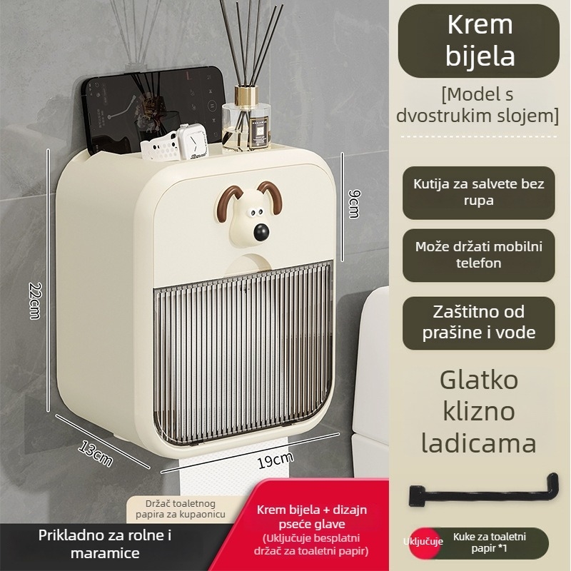 Zidna kutija za papirnate maramice za kupaonicu — vodootporna, bez bušenja, PP materijal, za rolu papira, kreativan spremnik
