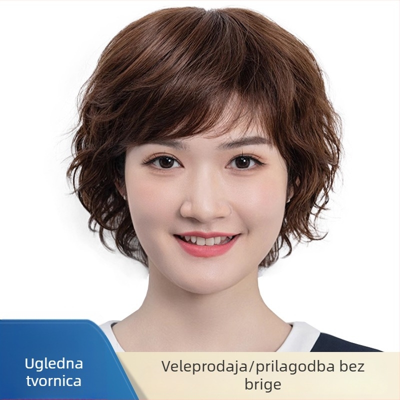 Perika od pravih ljudskih vlasi za žene, elegantne kovrčava kosa, potpuna perika s bočnim šiškama za prekrivanje sijede, periva