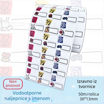 Dječje naljepnice za imena, vodootporne i otporne na mrlje, s PP ljepilom i glassine pozadinom; mogućnosti ljepila: uljno, vodeno ili otpuštajuće; snažna napetost; temperaturna otpornost do 78°C