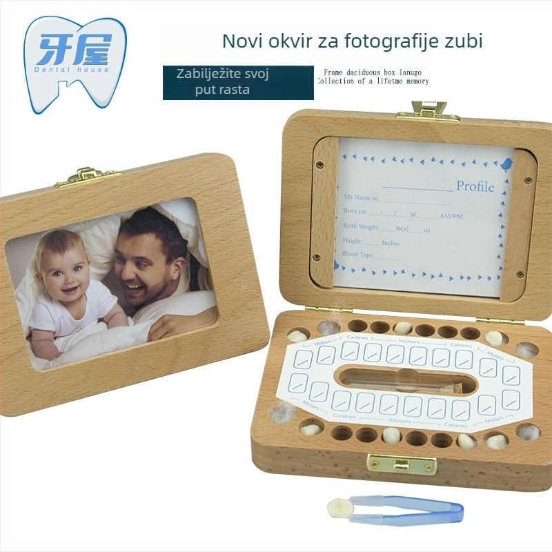 Drvena kutija za uspomene mliječnih zuba i dječje kose s fotografskim okvirom, za djecu 0–3 godine