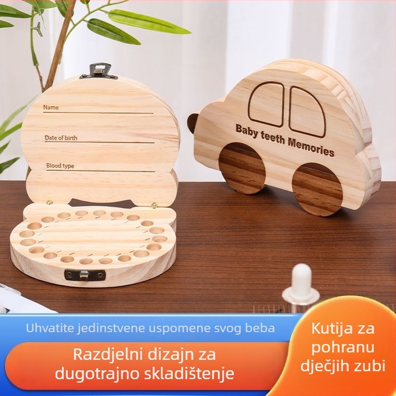 Drvena kutija za čuvanje mliječnih zuba s karikaturnim dizajnom, za dječake i djevojčice, pogodna za djecu od 0 do 3 godine