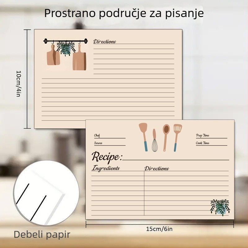 Recepturne kartice – dvostrane, prazne za ručne bilješke, samoljepivi sjajni papir, 25 listova u pakiranju, pogodne za hotelske kuhinje i catering