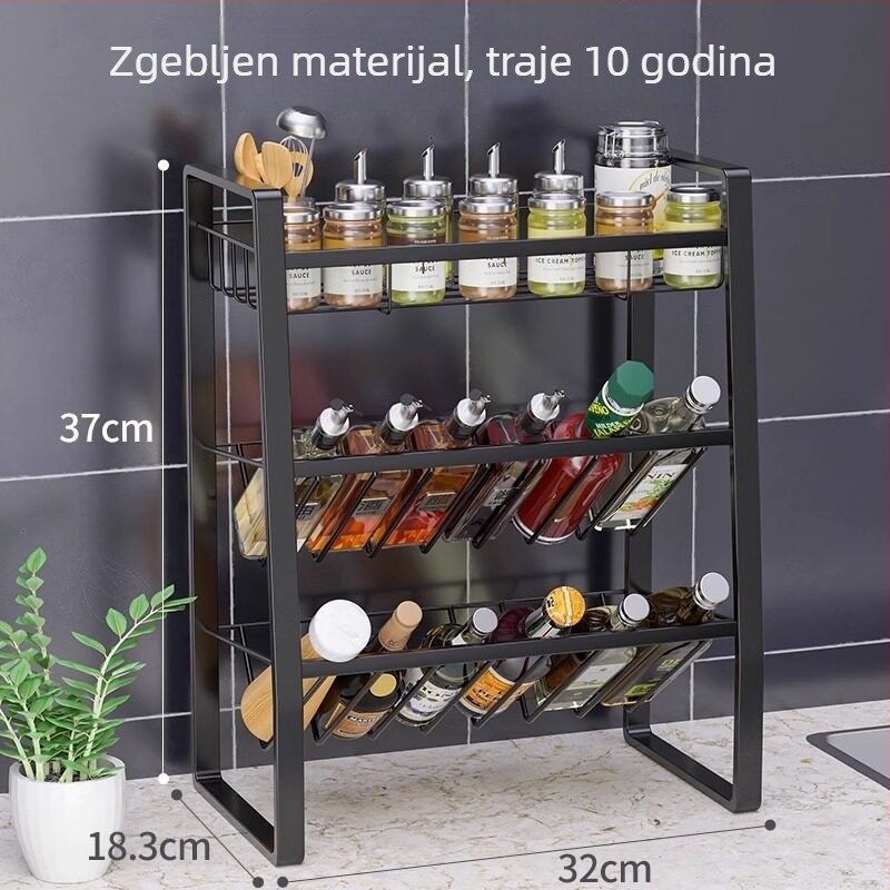 Kuhinjski stalak za začine, metalni, na ploču; skladištenje ulja, soli, octa i začina; pravokutni dizajn, bez ugradnje