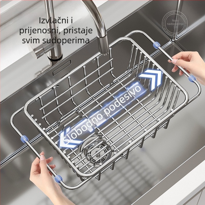 Košarica za odvod vode iz sudopera, teleskopski kuhinjski organizator, 201 nehrđajući čelik, na radnoj ploči, pomični