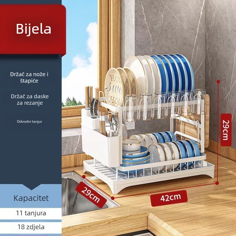 Dvostruki metalni stalak za suđe u kuhinji s držačem za šalice