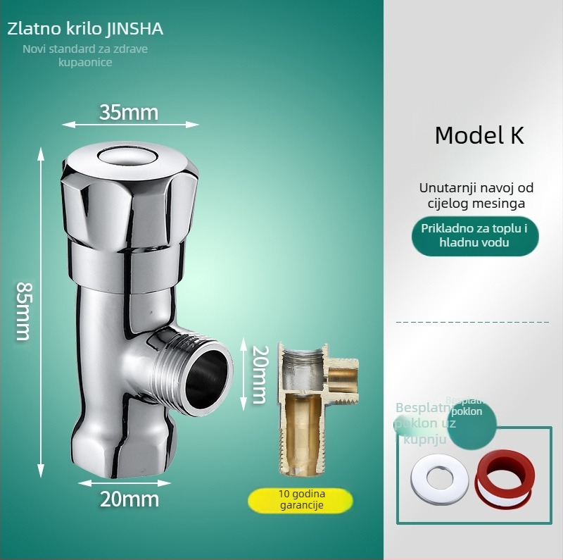 Troputna kutna ventila s bakrenim tijelom i dijelovima od 304 nerđajućeg čelika za toplu i hladnu vodu, jedan ulaz, dva izlaza