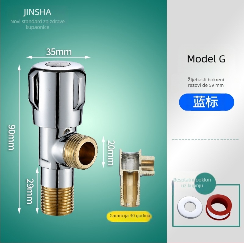 Troputna kutna ventila s bakrenim tijelom i dijelovima od 304 nerđajućeg čelika za toplu i hladnu vodu, jedan ulaz, dva izlaza