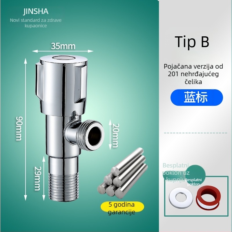 Troputna kutna ventila s bakrenim tijelom i dijelovima od 304 nerđajućeg čelika za toplu i hladnu vodu, jedan ulaz, dva izlaza