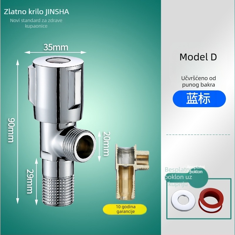 Troputna kutna ventila s bakrenim tijelom i dijelovima od 304 nerđajućeg čelika za toplu i hladnu vodu, jedan ulaz, dva izlaza