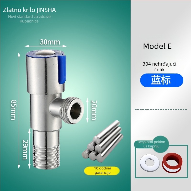 Troputna kutna ventila s bakrenim tijelom i dijelovima od 304 nerđajućeg čelika za toplu i hladnu vodu, jedan ulaz, dva izlaza