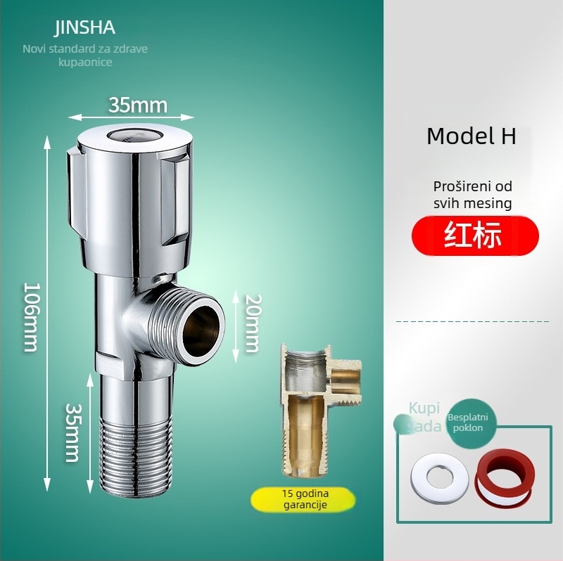 Troputna kutna ventila s bakrenim tijelom i dijelovima od 304 nerđajućeg čelika za toplu i hladnu vodu, jedan ulaz, dva izlaza