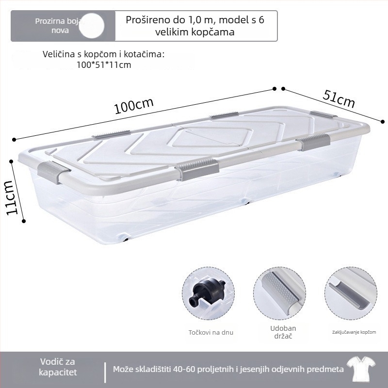 Kutija za skladištenje ispod kreveta, pravokutna, s poklopcem, visina 10 cm, kapacitet 1000 L ili više.