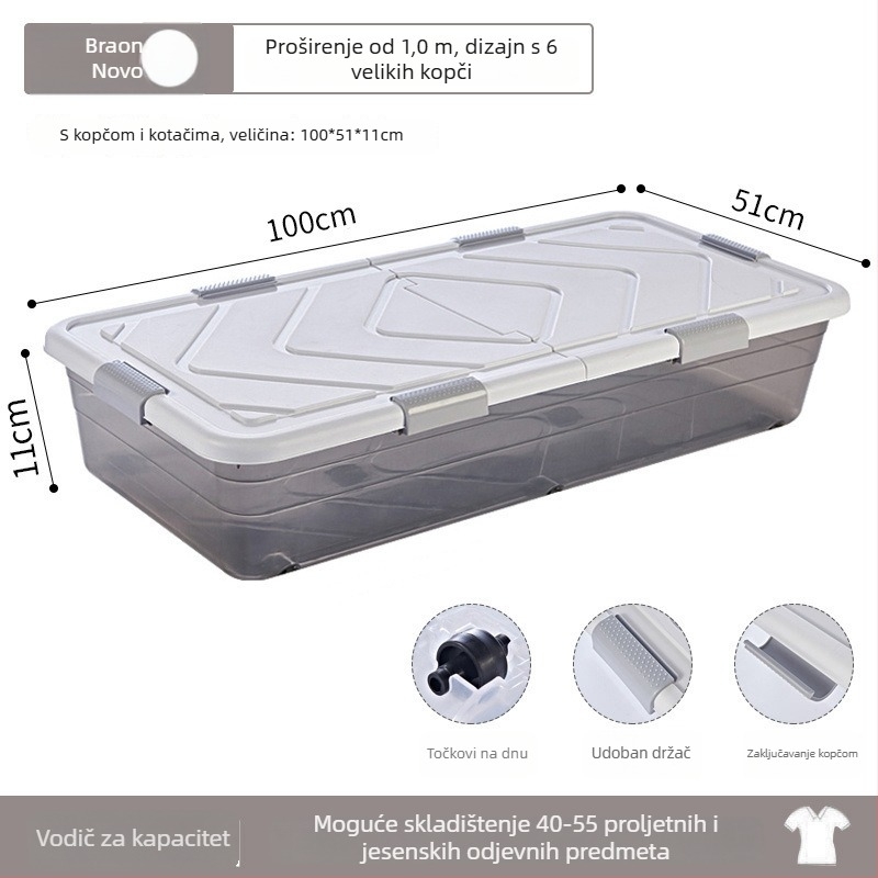 Kutija za skladištenje ispod kreveta, pravokutna, s poklopcem, visina 10 cm, kapacitet 1000 L ili više.