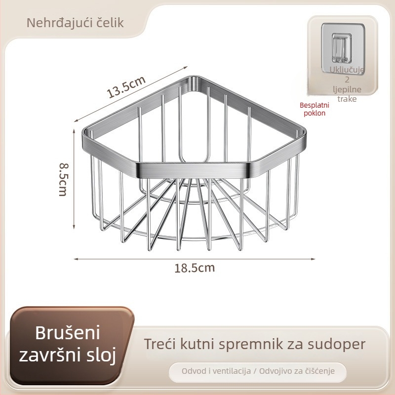Nerđajući čelični kutni držač spužvi za sudoperu, trokutasti odvodni stalak, bez bušenja, brušeni završni sloj, nosivost 10 kg