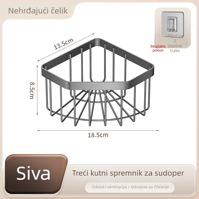 Nerđajući čelični kutni držač spužvi za sudoperu, trokutasti odvodni stalak, bez bušenja, brušeni završni sloj, nosivost 10 kg