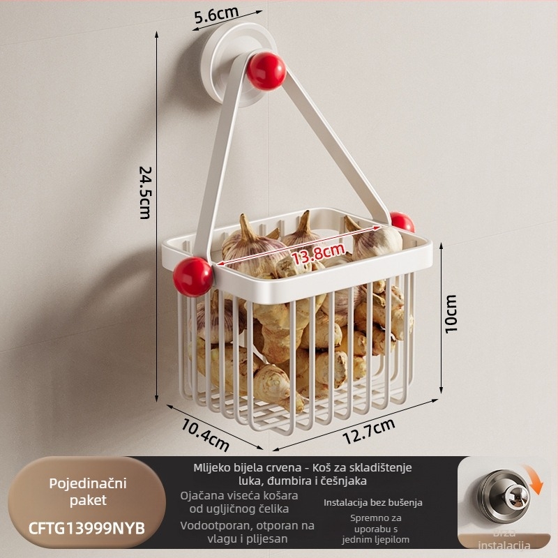 Zidni kuhinjski organizator za luk, đumbir i češnjak — ugljična čelična konstrukcija, nosivost oko 5 kg, premaz plastikom u spreju, model Cftg13999nyb