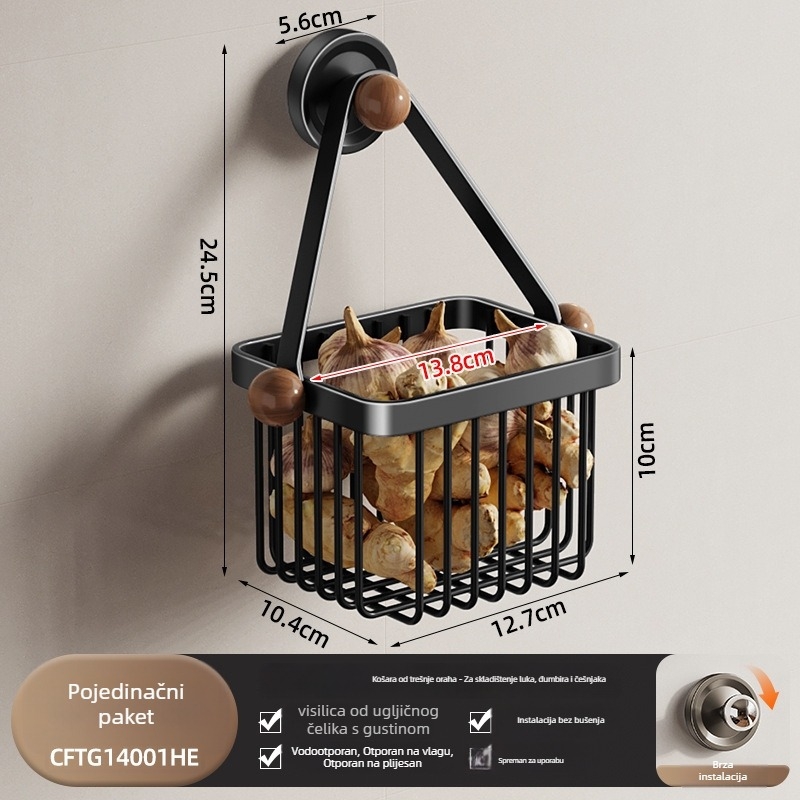 Zidni kuhinjski organizator za luk, đumbir i češnjak — ugljična čelična konstrukcija, nosivost oko 5 kg, premaz plastikom u spreju, model Cftg13999nyb