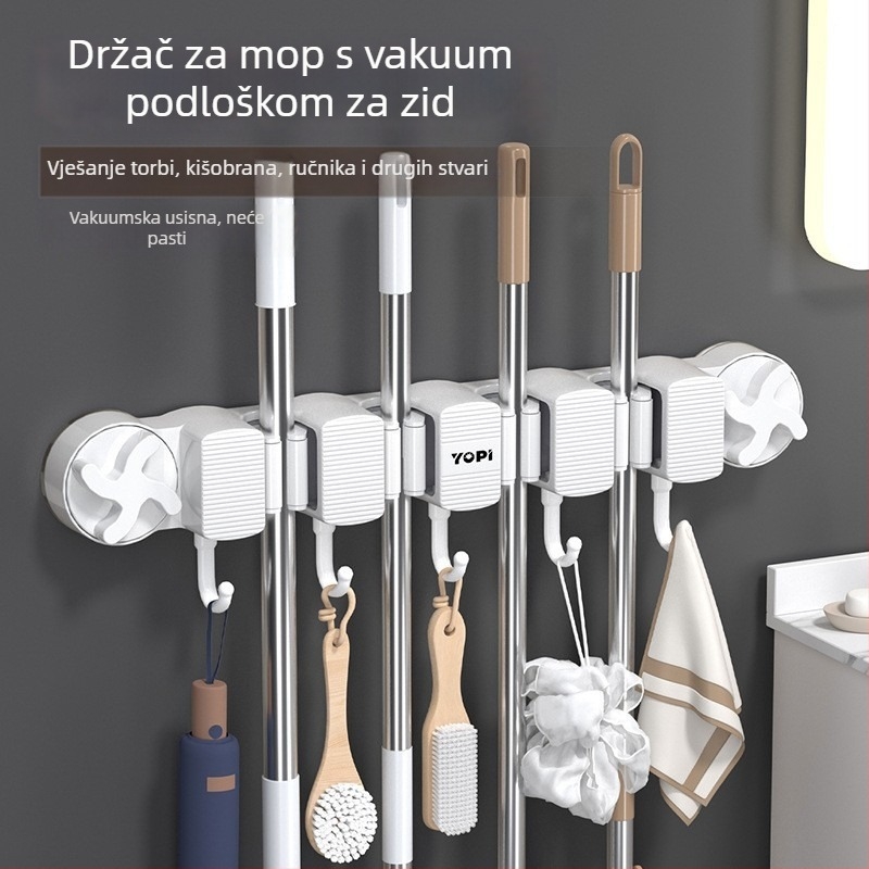 Zidni organizator za kupaonicu i kuhinju s držačem za metlu – višestruka primjena, 4 etaže, ABS i silikon, vakuumsko pričvršćivanje