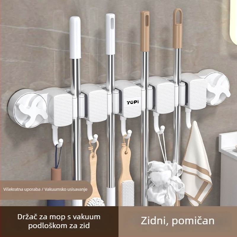 Zidni organizator za kupaonicu i kuhinju s držačem za metlu – višestruka primjena, 4 etaže, ABS i silikon, vakuumsko pričvršćivanje