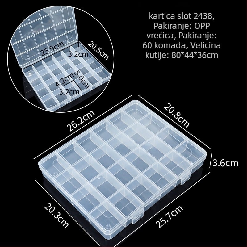 Kutija za skladištenje s 24 pretinca, prašno-zaštitna, od PP plastike, s poklopcem, za hardver, alate, ribolovnu opremu i elektroničke komponente
