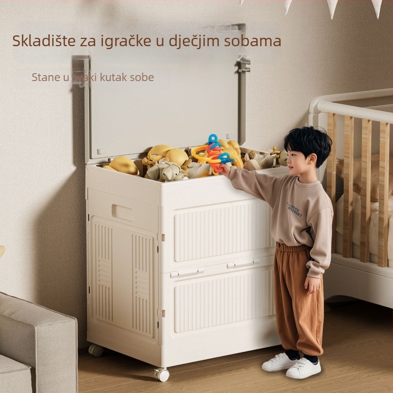 Dječja kutija za pohranu igračaka s preklopnim poklopcem, 135L, PP plastika, sklopiva, s kotačićima