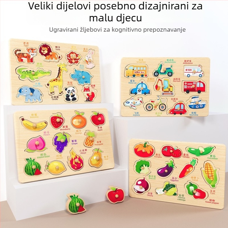 Drveni trodimenzionalni puzzle panel za djecu s oblicima životinja i voća, Montessori-inspirirano predškolsko učenje (Dob: 4–6 godina; Podrijetlo: Zhejiang; Kategorija: ilustracije i ploče)
