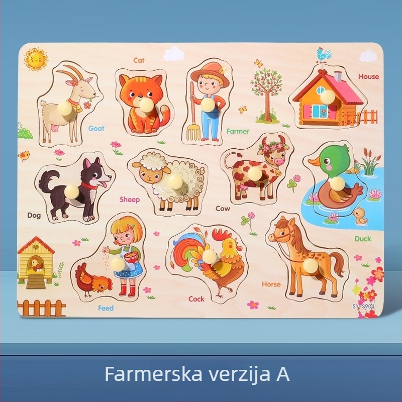 Drveni trodimenzionalni puzzle panel za djecu s oblicima životinja i voća, Montessori-inspirirano predškolsko učenje (Dob: 4–6 godina; Podrijetlo: Zhejiang; Kategorija: ilustracije i ploče)