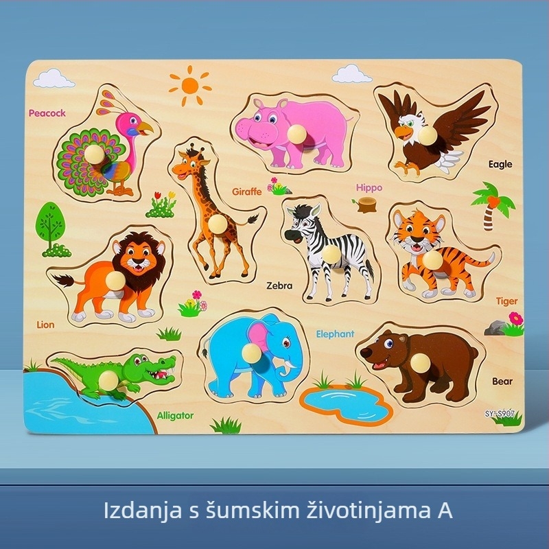 Drveni trodimenzionalni puzzle panel za djecu s oblicima životinja i voća, Montessori-inspirirano predškolsko učenje (Dob: 4–6 godina; Podrijetlo: Zhejiang; Kategorija: ilustracije i ploče)