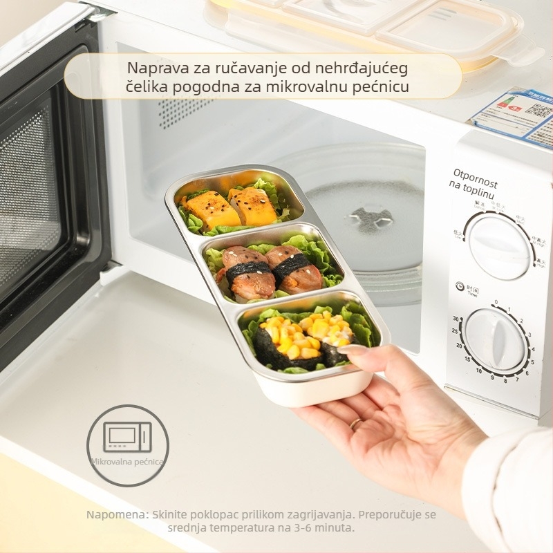 Kutija za ručak s pregradama, pravokutna, od 304 nehrđajućeg čelika, kapaciteta 501–800 ml, pogodna za mikrovalnu