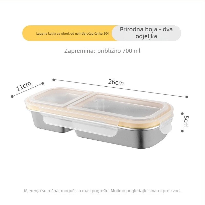 Kutija za ručak s pregradama, pravokutna, od 304 nehrđajućeg čelika, kapaciteta 501–800 ml, pogodna za mikrovalnu