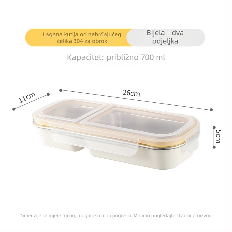 Kutija za ručak s pregradama, pravokutna, od 304 nehrđajućeg čelika, kapaciteta 501–800 ml, pogodna za mikrovalnu