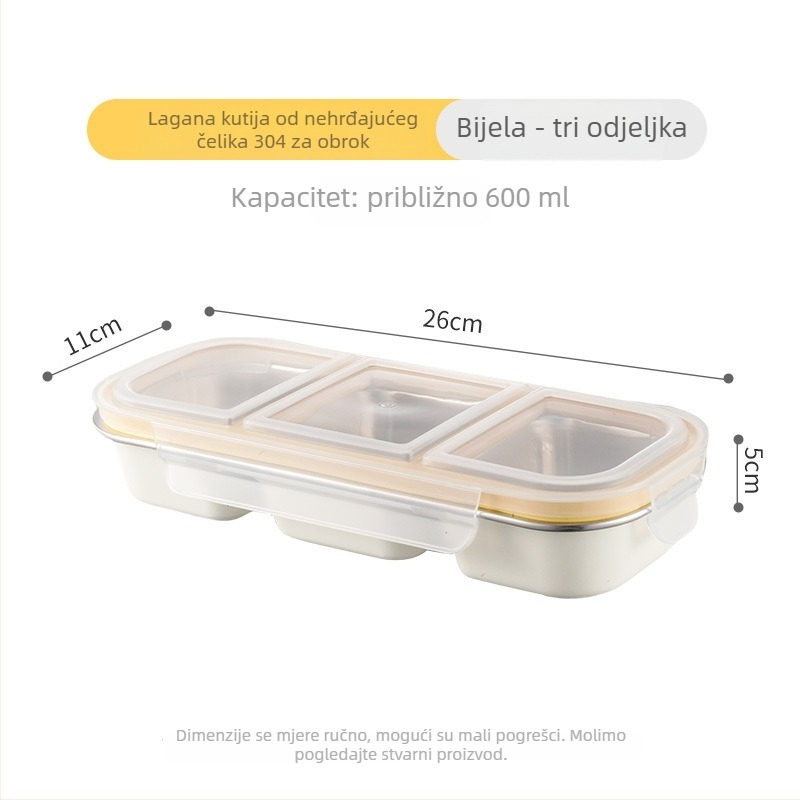 Kutija za ručak s pregradama, pravokutna, od 304 nehrđajućeg čelika, kapaciteta 501–800 ml, pogodna za mikrovalnu