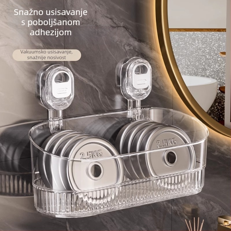Držač za skladištenje na zidu sa usisnim sustavom – 10 komada, jedan nivo, pokretan, bez instalacije, bez bušenja, za šminku, kuhinju i kupaonicu