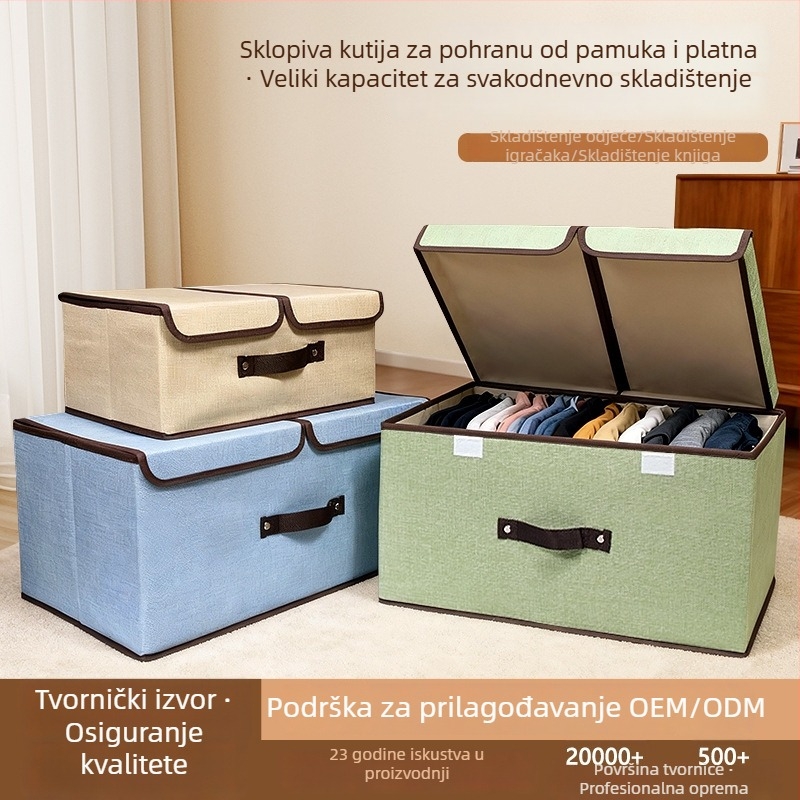 Kutija za skladištenje od tkanine koja oponaša pamuk i lan, s dvostrukim poklopcem, otporna na prašinu, višedjelna odjeljka, sklapanja, za odjeću i pohranu traperica
