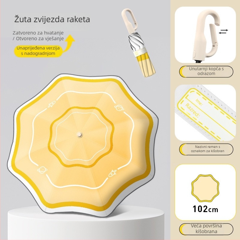 Dječji kišobran s automatskim otvaranjem, 8 rebara od vlakana, duga drška, UPF 50+ za školu