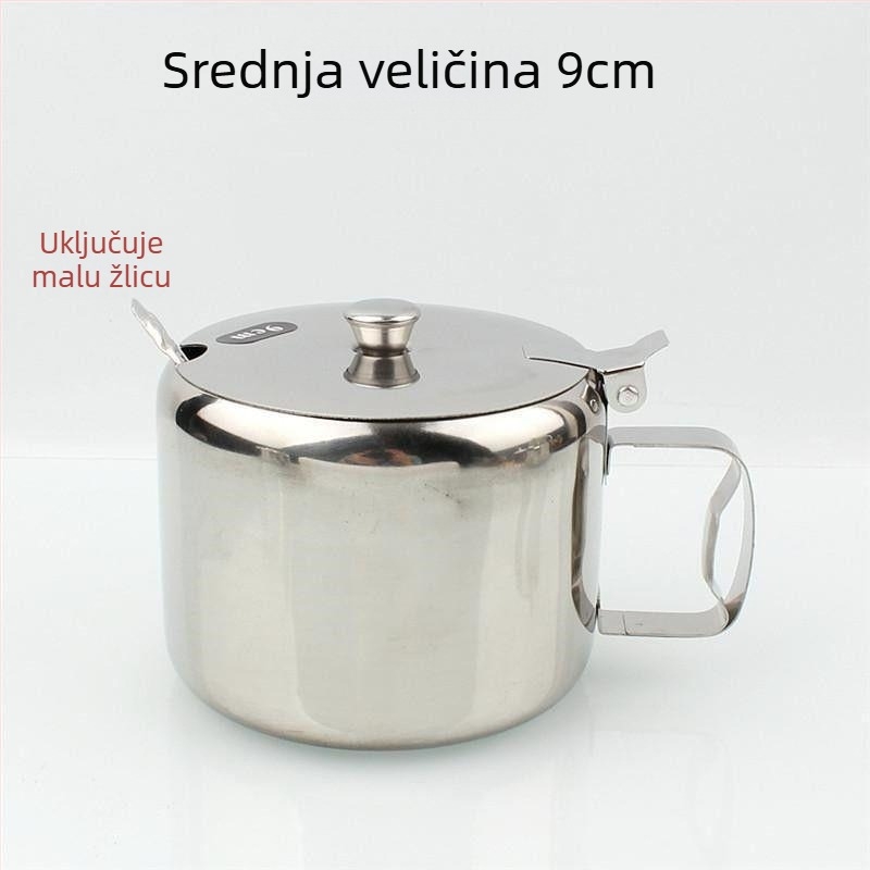 Nerđajući čelični spremnik za začine s ručkom; posuda za sol, čašica za šećer i stakleni spremnik za čili; za restoran i kućnu upotrebu; premium spremnik za čvrste začine
