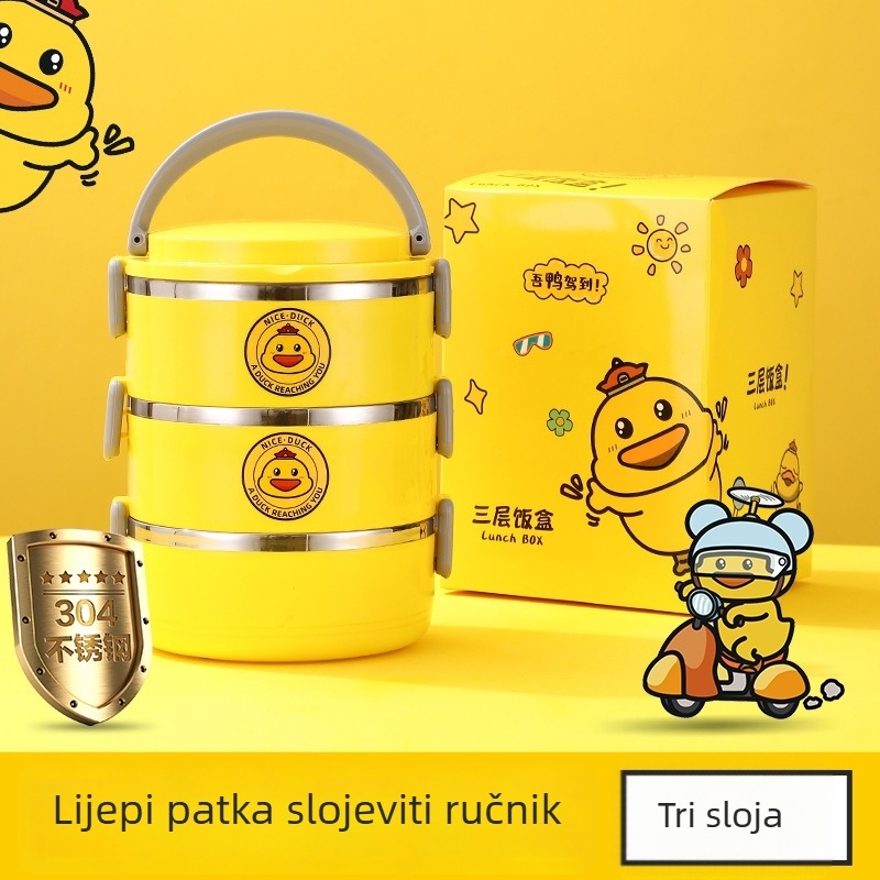 Okrugla kutija za ručak od 304 nehrđajućeg čelika, trostruki izolirani dizajn, kapacitet 1-2 L, za studente