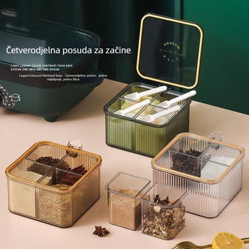 Kutija za začine za kuhinju otporna na vlagu, četiri u jedan s integriranom žličicom i poklopcem, PET spremnik za čvrste začine, mogućnost tiskanja logotipa i prilagodbe