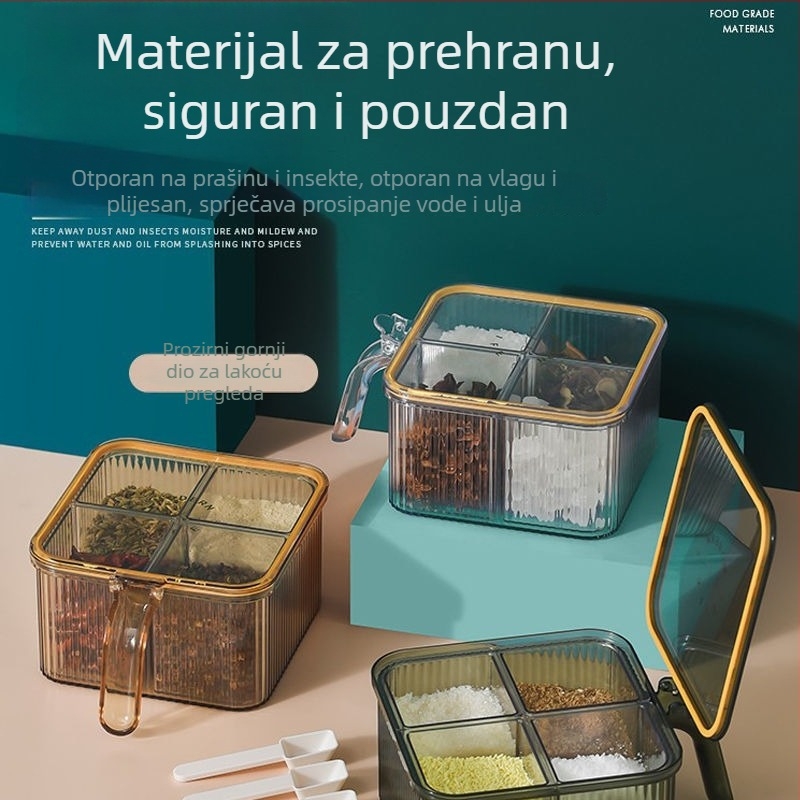 Kutija za začine za kuhinju otporna na vlagu, četiri u jedan s integriranom žličicom i poklopcem, PET spremnik za čvrste začine, mogućnost tiskanja logotipa i prilagodbe