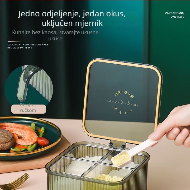 Kutija za začine za kuhinju otporna na vlagu, četiri u jedan s integriranom žličicom i poklopcem, PET spremnik za čvrste začine, mogućnost tiskanja logotipa i prilagodbe