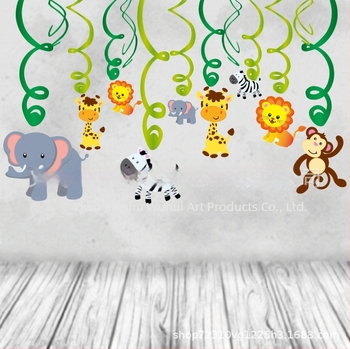 Spiralne ukrasne figure s crtanim životinjama – pozadina s temom Zoo za rođendansku proslavu, papir, anime crtani stil, rekviziti za dekoraciju prostora