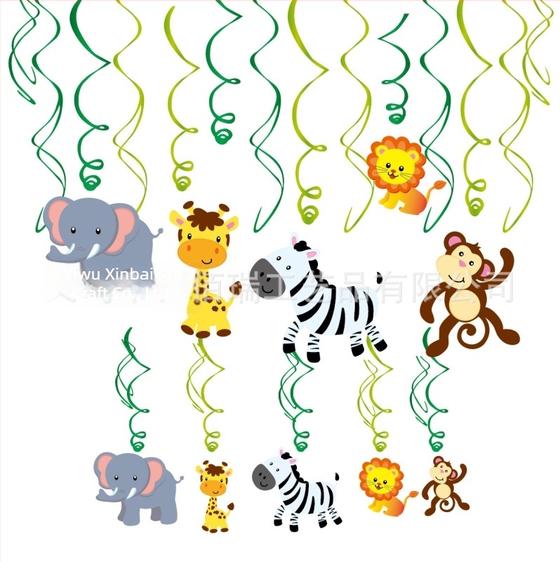 Spiralne ukrasne figure s crtanim životinjama – pozadina s temom Zoo za rođendansku proslavu, papir, anime crtani stil, rekviziti za dekoraciju prostora