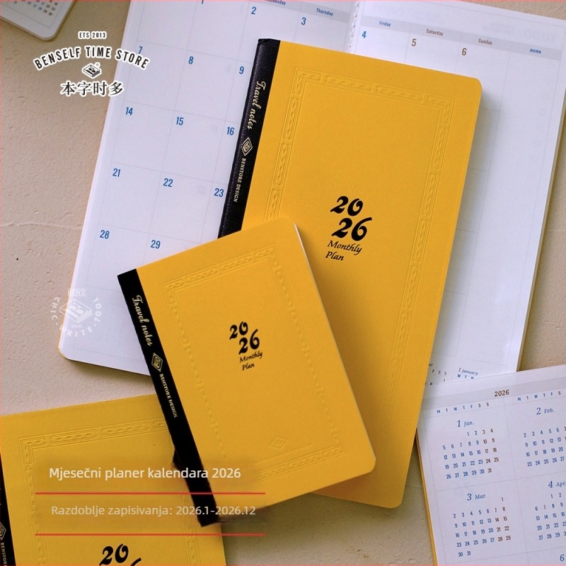 Bilježnica s šivanom povezom, Dowling papir, 100 g, 50–100 stranica, minimalistički stil, cjelogodišnji kalendar i mjesečni planovi za 2026.