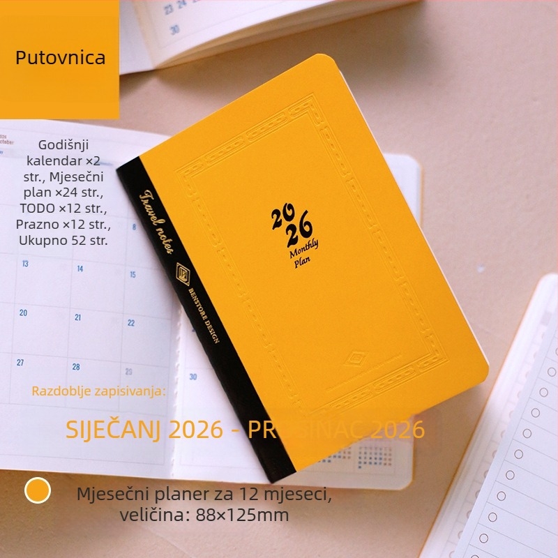 Bilježnica s šivanom povezom, Dowling papir, 100 g, 50–100 stranica, minimalistički stil, cjelogodišnji kalendar i mjesečni planovi za 2026.