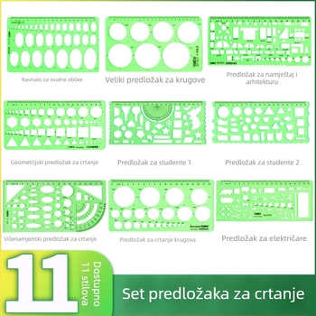 Plastična T-oblik ravnala s goniometrom, skalom i kružnim šablonama za crtanje