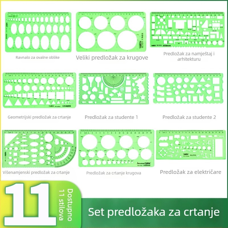 Plastična T-oblik ravnala s goniometrom, skalom i kružnim šablonama za crtanje