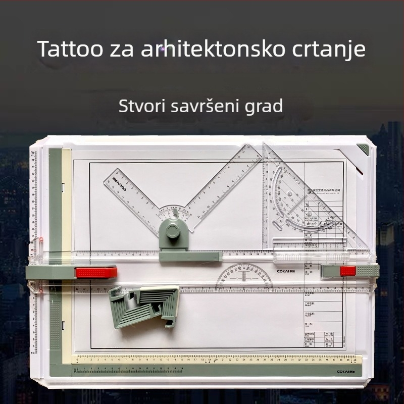 Arhitektonska ploča za crtanje, prijenosna višenamjenska šablona za crtanje i pravilo, plastična, Koga