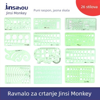 Golden Monkey Šablone za crtanje – 26 različitih uzoraka u kružnim, ovalnim i kvadratnim oblicima, višefunkcionalna ravnalo-crtačka